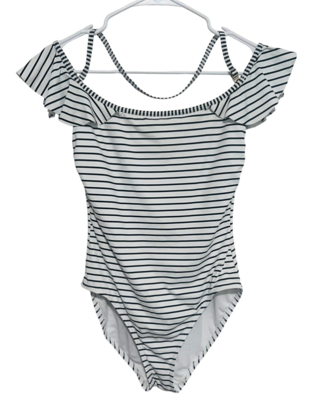 Vince Camuto Swim Size 10 White Black Striped Ruffle Shoulder One Piece Swimsuit